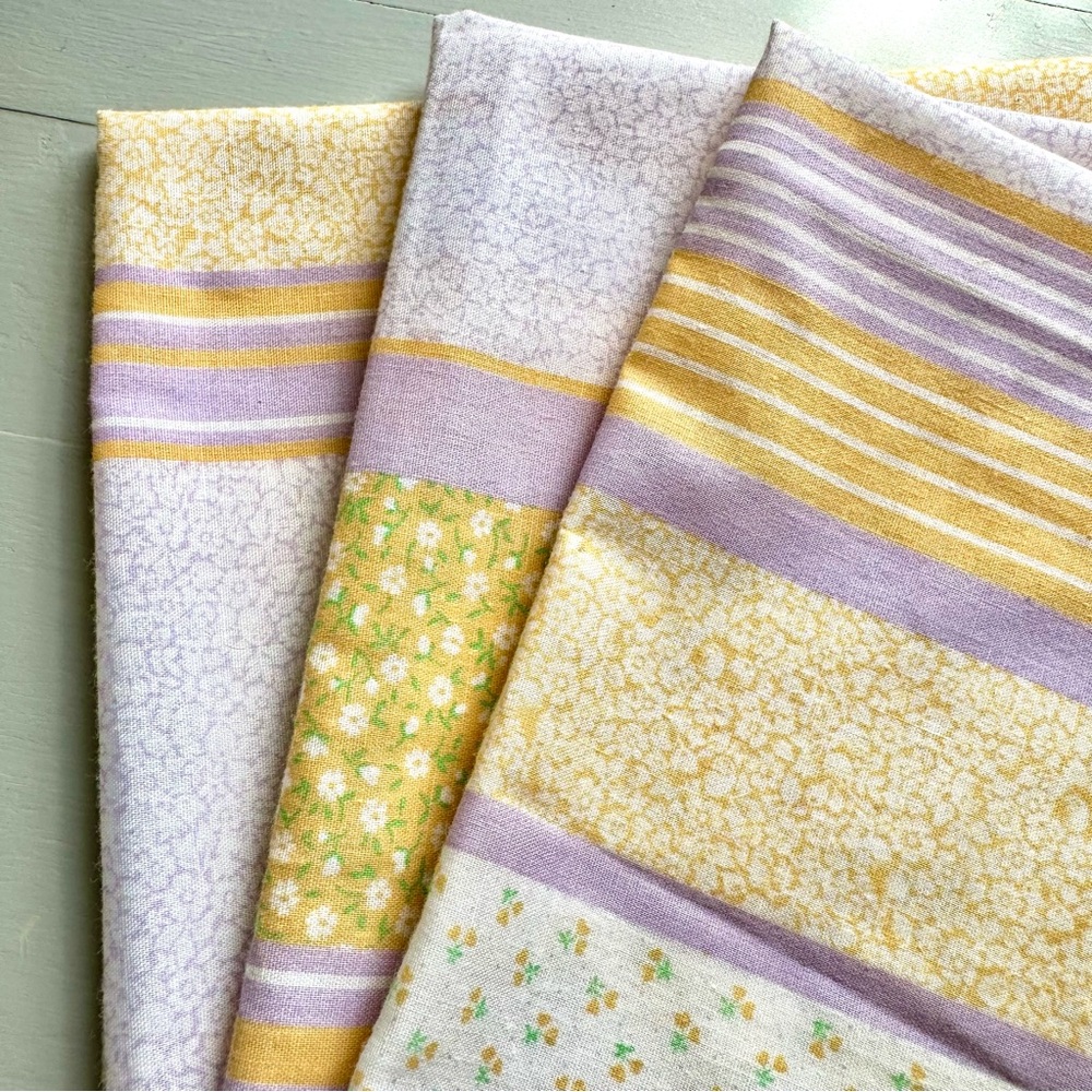 3 Vintage 70s Floral Purple and Yellow Napkins Handkerchiefs Hair Covering